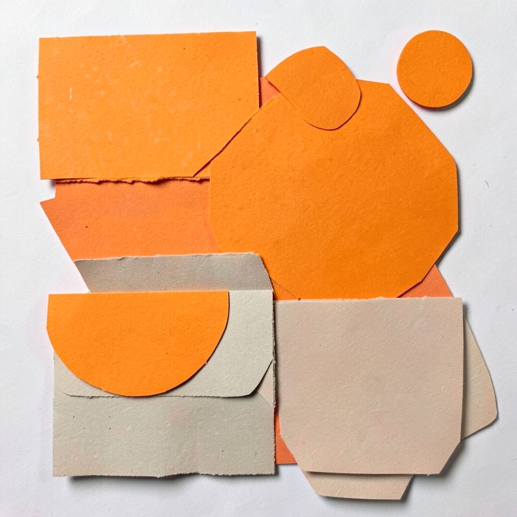 A small layered paper cut-out of a campus gathering space in warm cream and amber tones.