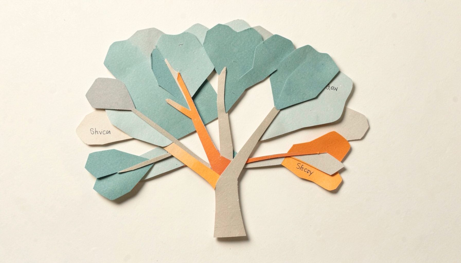 Layered paper cut-out collage of a branching tree diagram in muted teal and warm beige tones, with labeled nodes connected by clean lines against a soft cream background