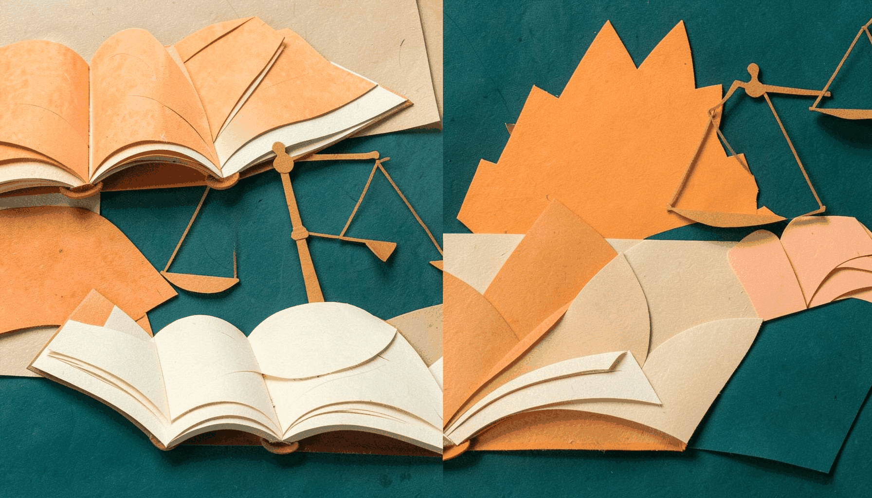 A layered paper cut-out collage of open books, scales of justice, and a rising sun in warm ochre, deep teal, and cream tones